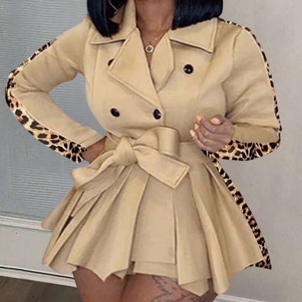 SHEIN Beige Leopard Trim Double-Breasted Jacket/Dress